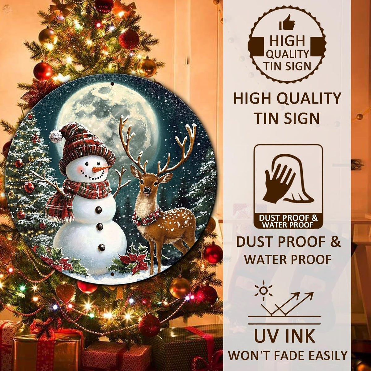 Christmas Snowman Decor Round Metal Tin Sign Christmas Deer Vintage Tin Sign for Home Coffee Wall