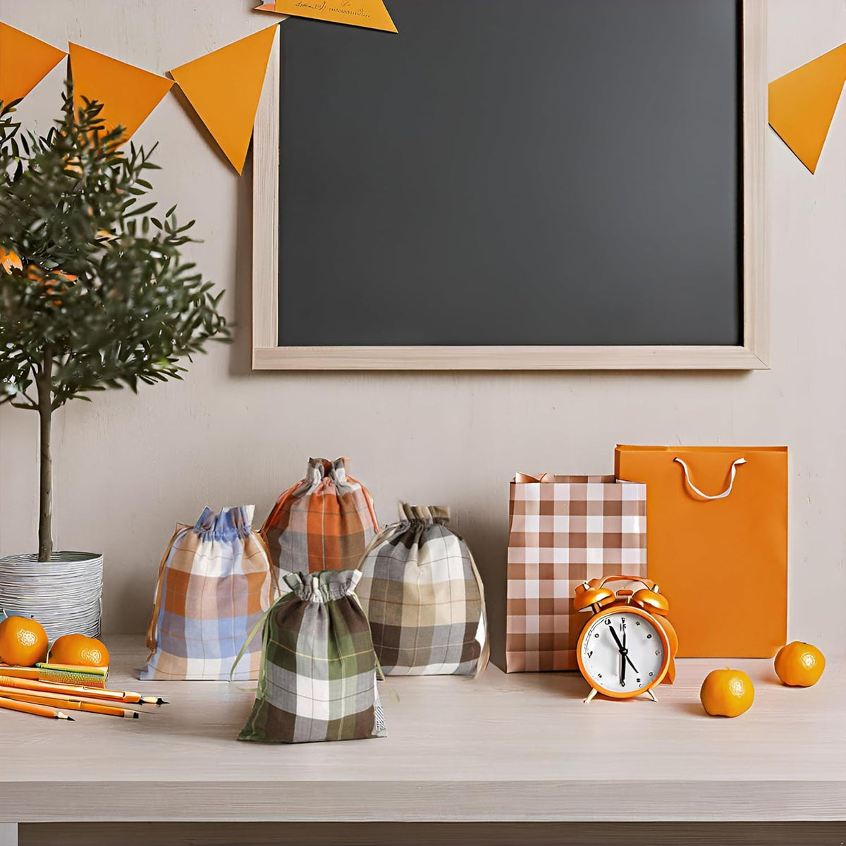 Large Fall Burlap Bags with Drawstrings - Orange Buffalo Plaid & Sage Green Gingham Sacks