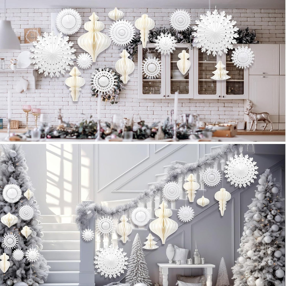 Cinnvoice 16 Pcs White Paper Snowflake Decorations 12 Pcs Christmas Paper Honeycomb Balls Ornaments