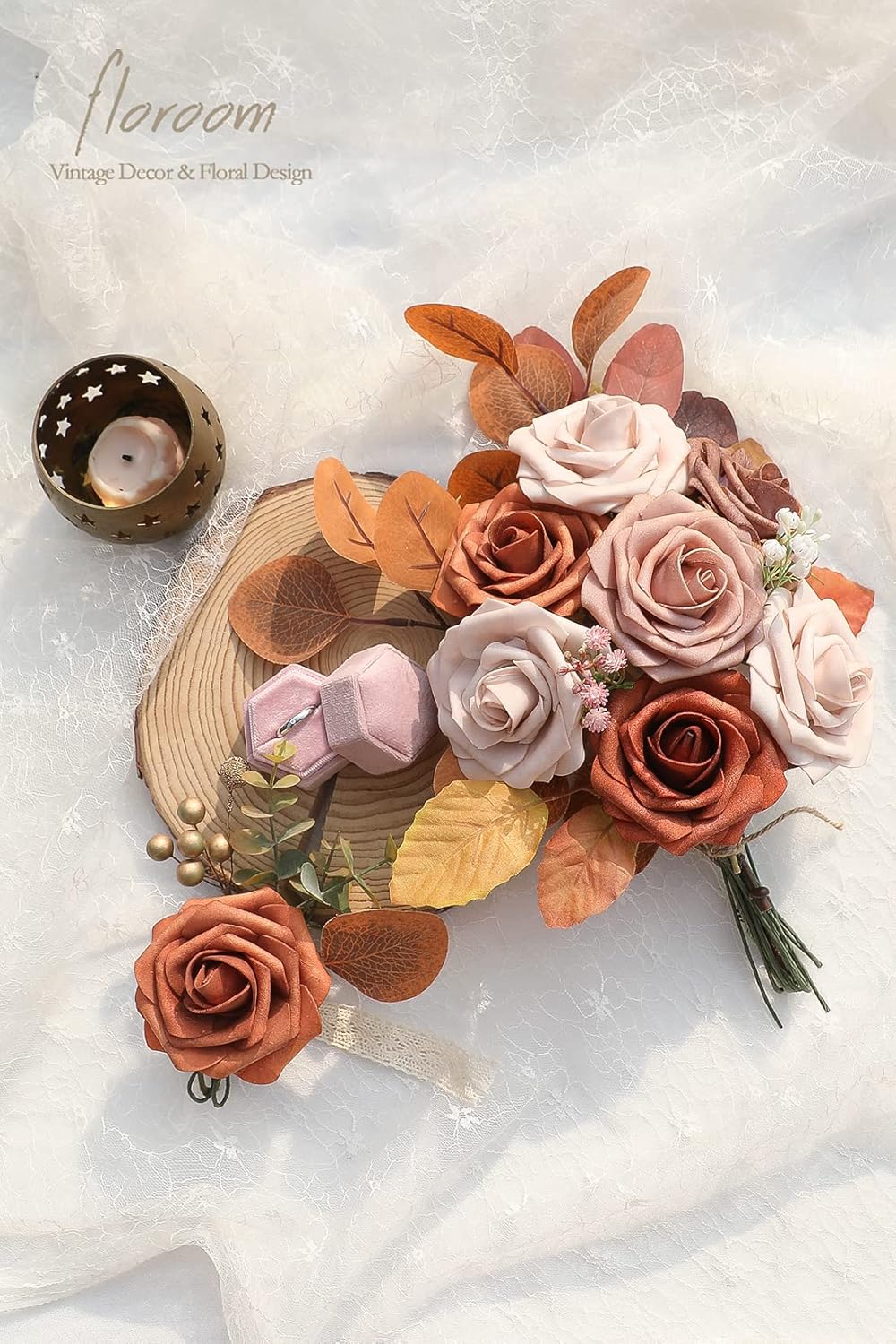 Floroom Artificial Flowers 25pcs Real Looking Burnt Orange Ombre Colors Foam Fake Roses with Stems