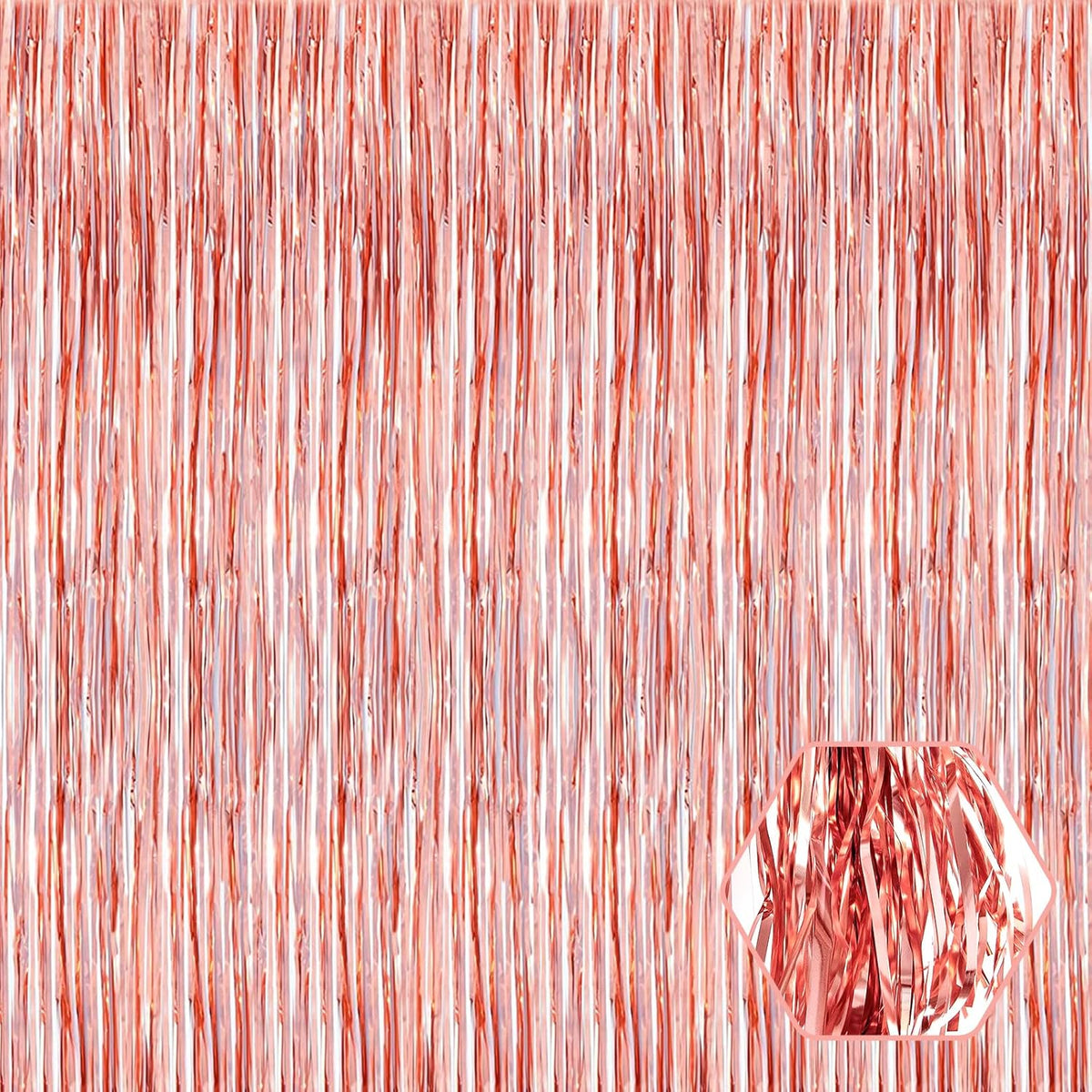 3 Pack Rose Gold Foil Fringe Curtain Backdrop, 3.28Ft x 8.2Ft Metallic Tinsel Foil Fringe Streamer
