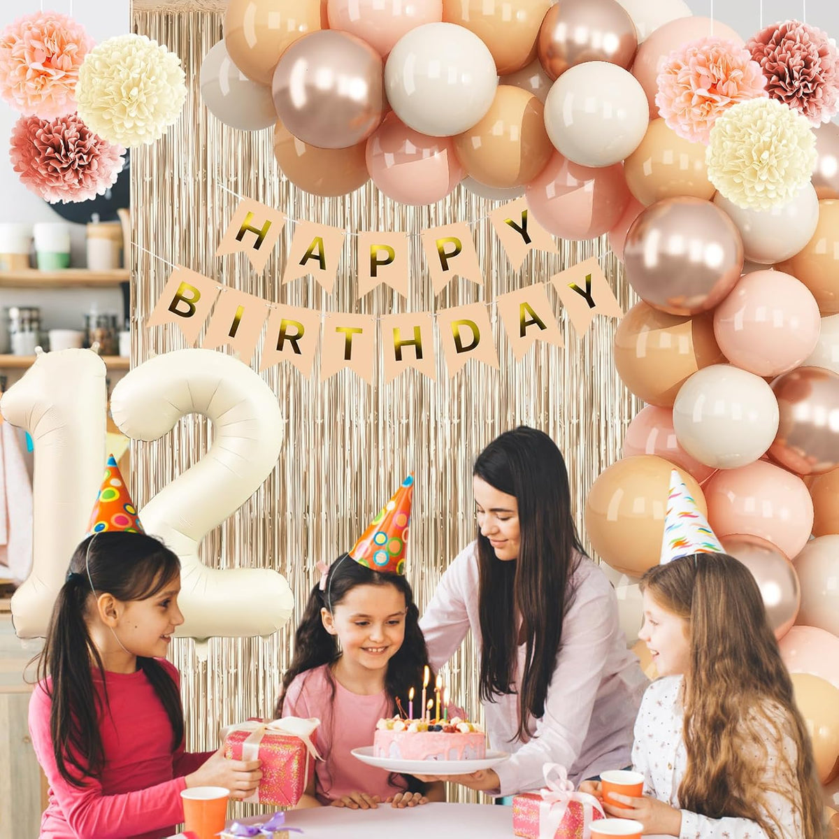Beige 12th Birthday Decorations Girls Boys Cream Number 12 Balloon Nude Gold Happy Birthday Banner