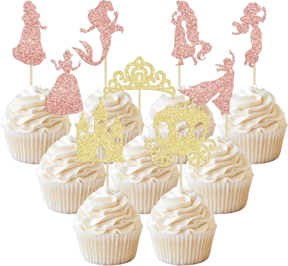 Gyufise 36Pcs Princess Cupcake Toppers Glitter Mermaid Girl Castle High Heel Crown Cupcake Picks