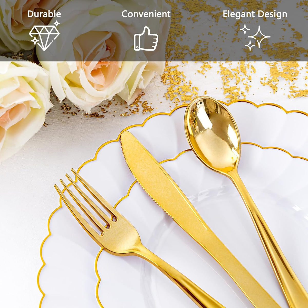 YOUBET 350PCS Gold Scalloped Plastic Plates - White and Gold Disposable Dinnerware Set Include 100