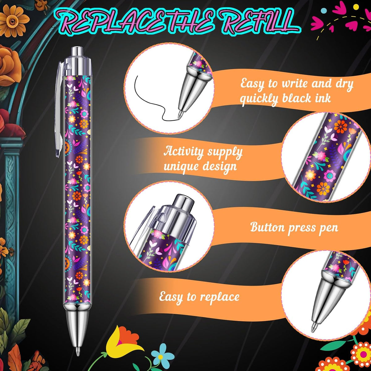 24 Pcs Day of the Dead Gifts Pens Dia De Muertos Party Favors Skull Ballpoint Pen Halloween Party