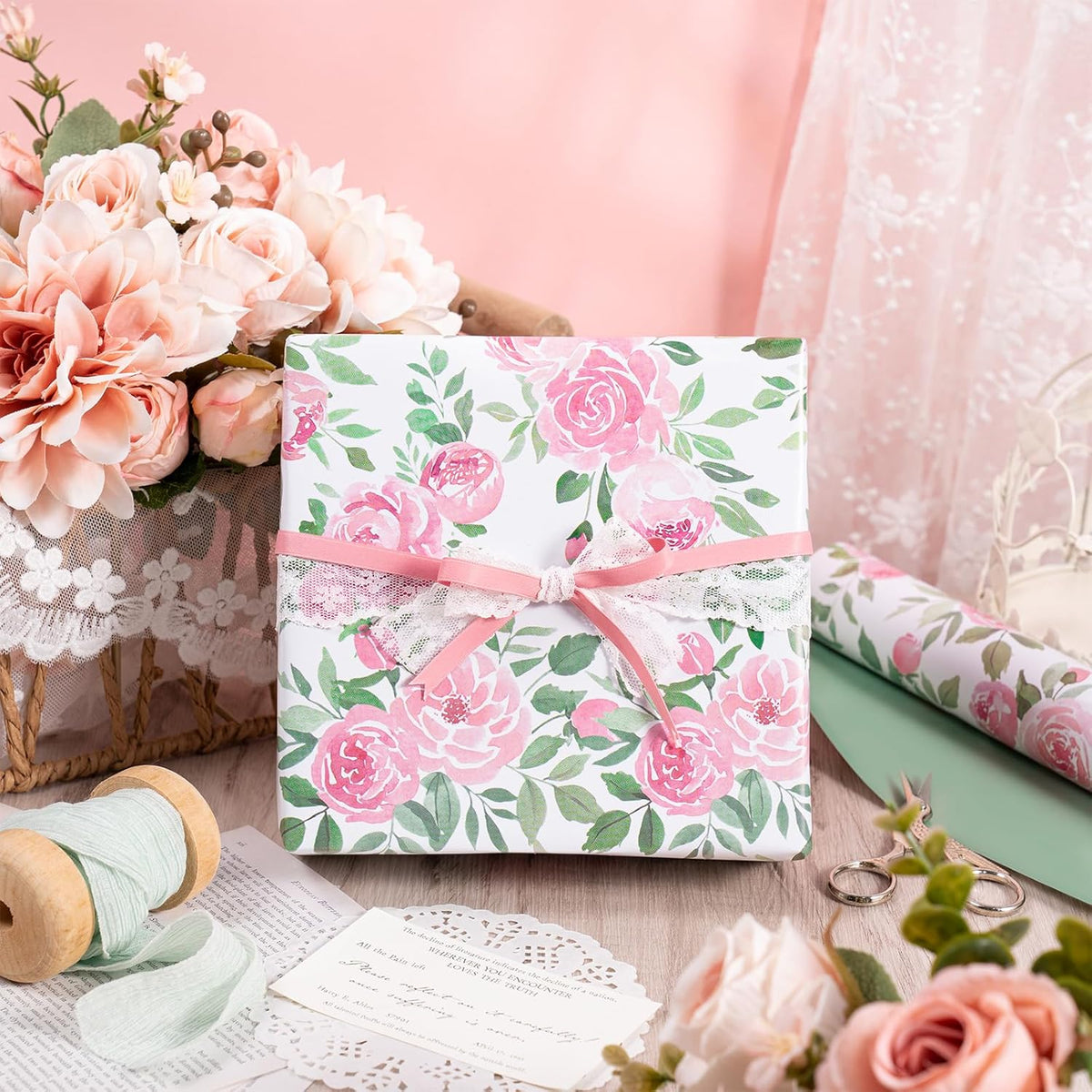 RUSPEPA Reversible Floral Wrapping Paper Roll for Girls Women, Mini Roll, Pink Rose Design and