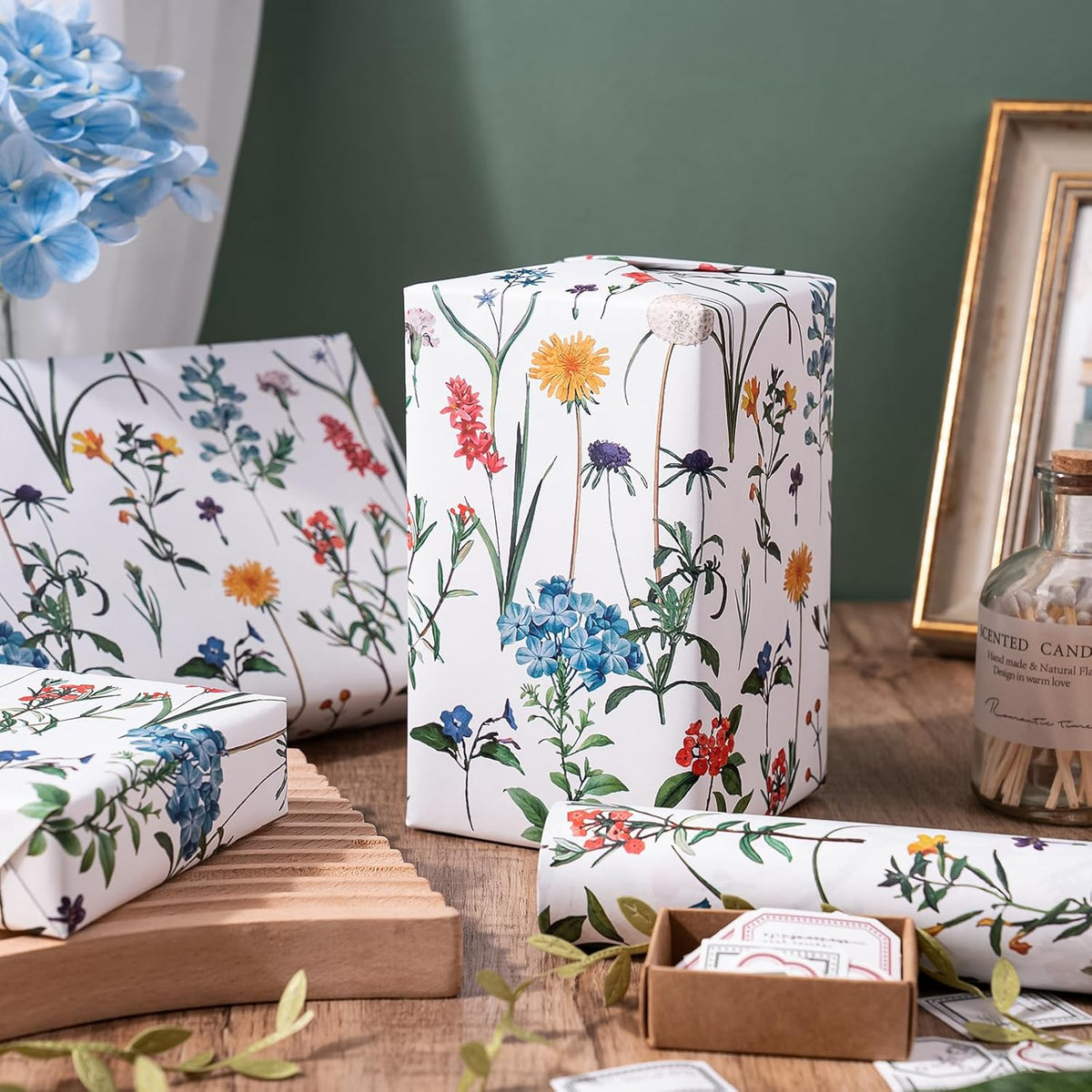 WRAPAHOLIC Kraft Wildflower Wrapping Paper - Mini Roll - 17 Inch x 16.5 Feet - Floral Wrapping