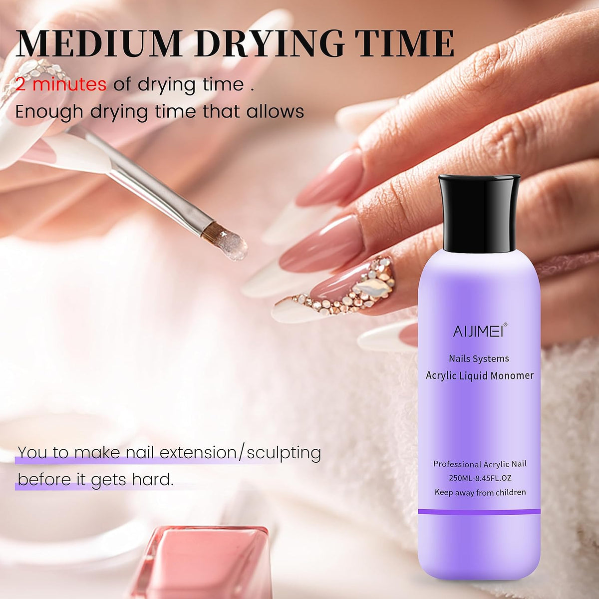 AIJIMEI Acrylic Liquid Monomer 250ML/8.5FL.OZ with 3PCS Acrylic Nail Brushes for Acrylic Powder