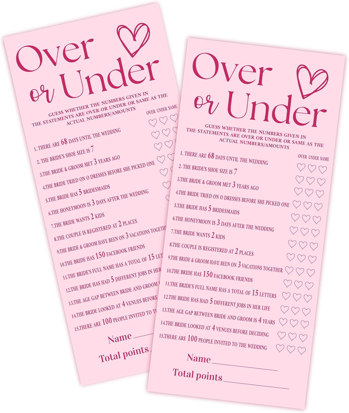 4x9 Inch Wedding Shower Games Cards, Over or Under, Pink Bridal Shower Games for 25 Guests