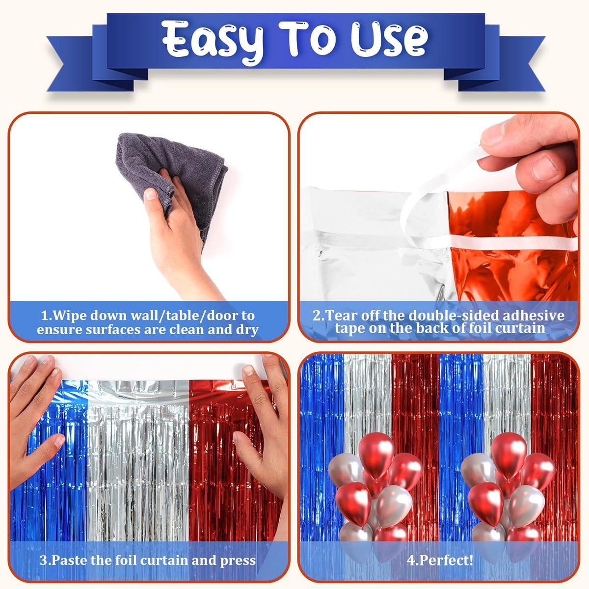 2 Pack Blue Red Silver Foil Fringe Backdrop Curtains, Tinsel Streamers Party Decorations, Fringe