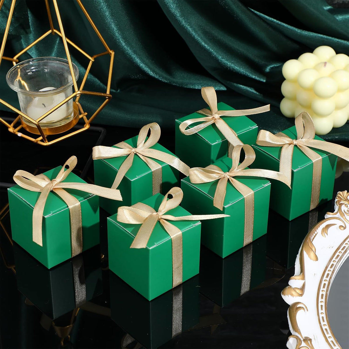 Jutom 100 Pcs Mini Favor Boxes Extra Small Candy Boxes Paper with Gold Ribbon for Christmas