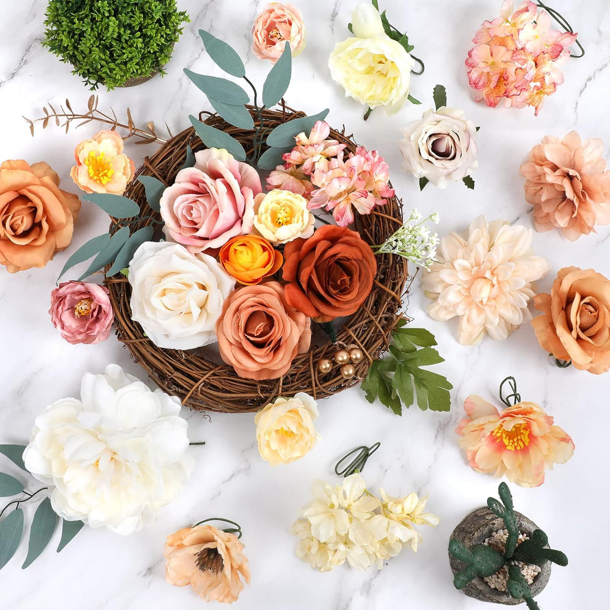AmyHomie Champagne Artificial Flowers Combo Silk Mix Peony Rose Hydrangea Fake Flowers w/Stem for