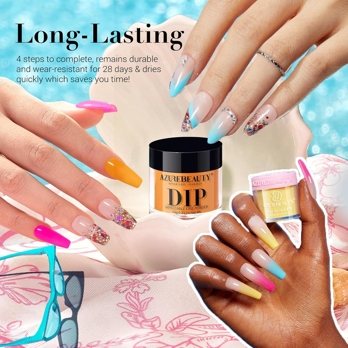 AZUREBEAUTY Dip Powder Nail Kit Starter, 4 Colors Pink Yellow Blue Glitter Dipping Powder Liquid