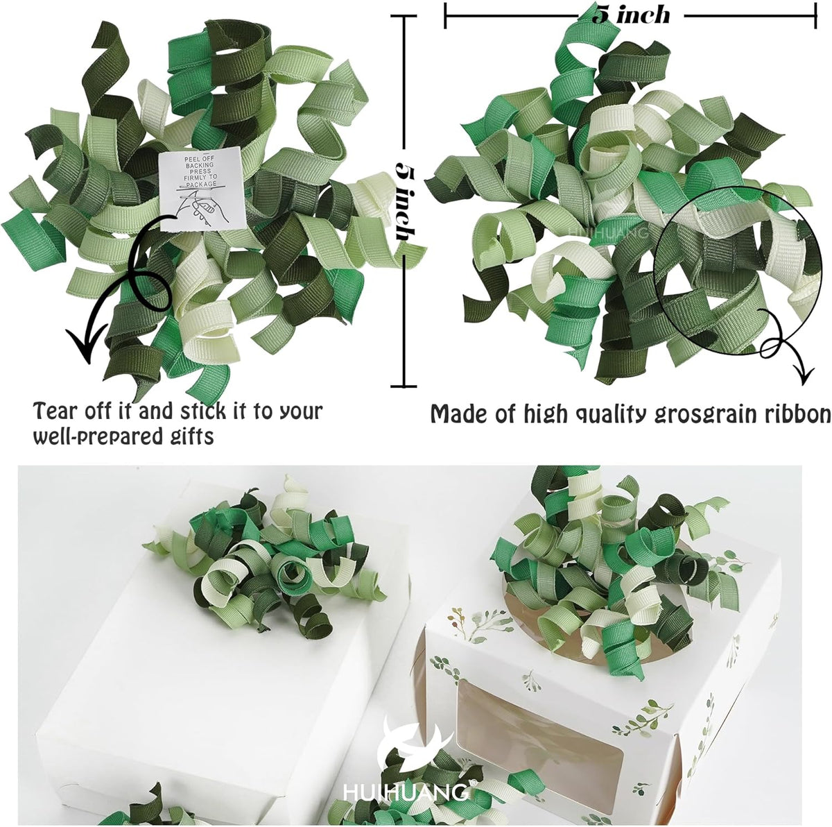 HUIHUANG Green Curly Gift Bows Self Adhesive Sage Green Burst Gift Bow for Gift Wrapping, Birthday