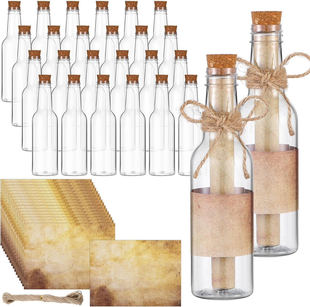Baderke 24 Pcs 5.6 oz Message Bottles with Letter Printer Paper Plastic Bottles & Corks Twines for