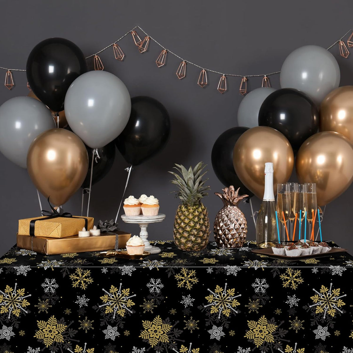 6Pcs Christmas Snowflake Party Tablecloths Decorations,Plastic Black and Gold Table Cloth,Winter