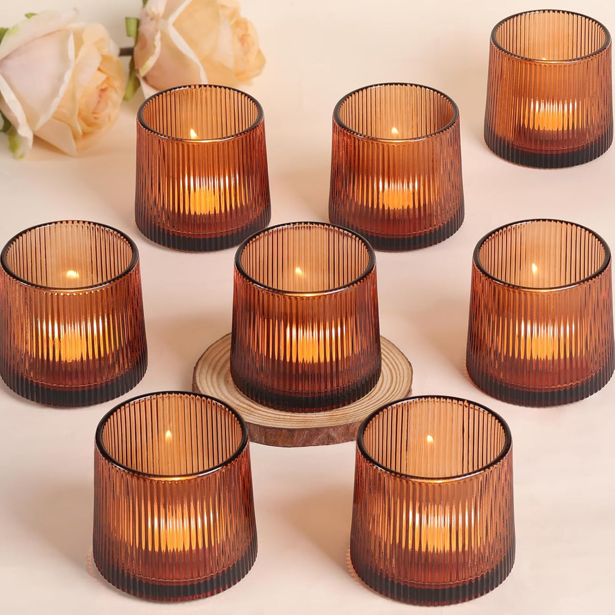 Amber Ribbed Tealight Votive Candle Holders Set of 10- Votive Candle Holders for Table Centerpiece