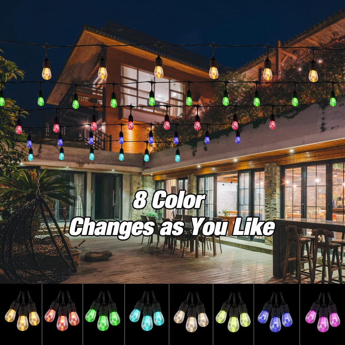 48FT RGB Outdoor String Lights, 15 Shatterproof Edison LED Bulbs, Waterproof Color Changing Patio