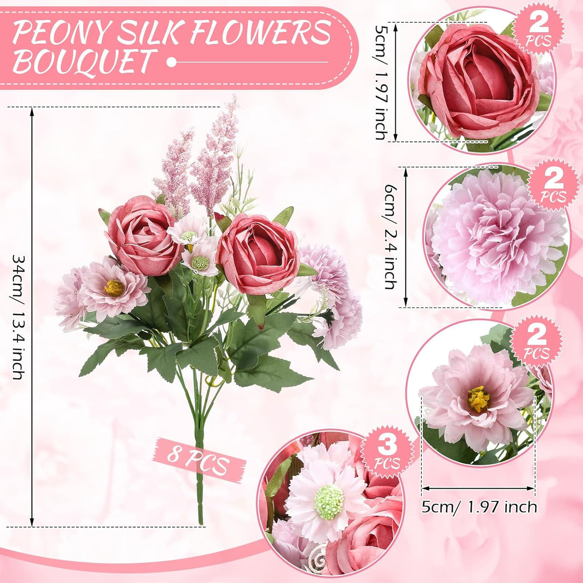 Zeyune 8 Pcs Wedding Silk Flowers Fake Silk Flowers Faux Bouquet Hydrangea Bouquets for Wedding