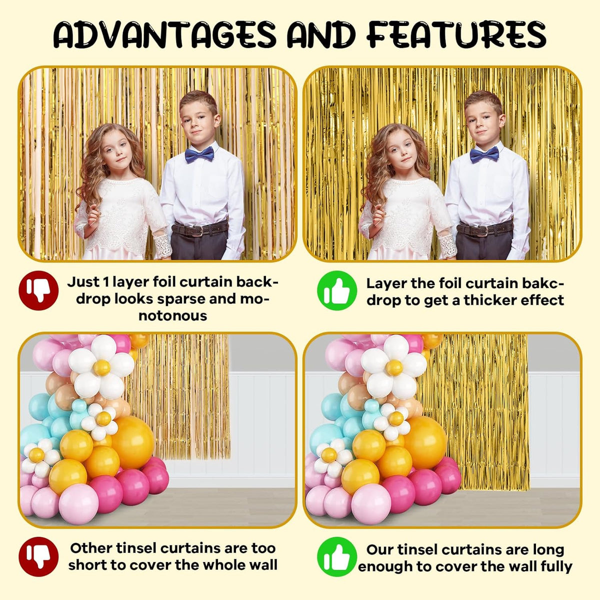 2 Pack Gold Foil Fringe Backdrop Curtains, Tinsel Streamers Birthday Party Decorations, Fringe