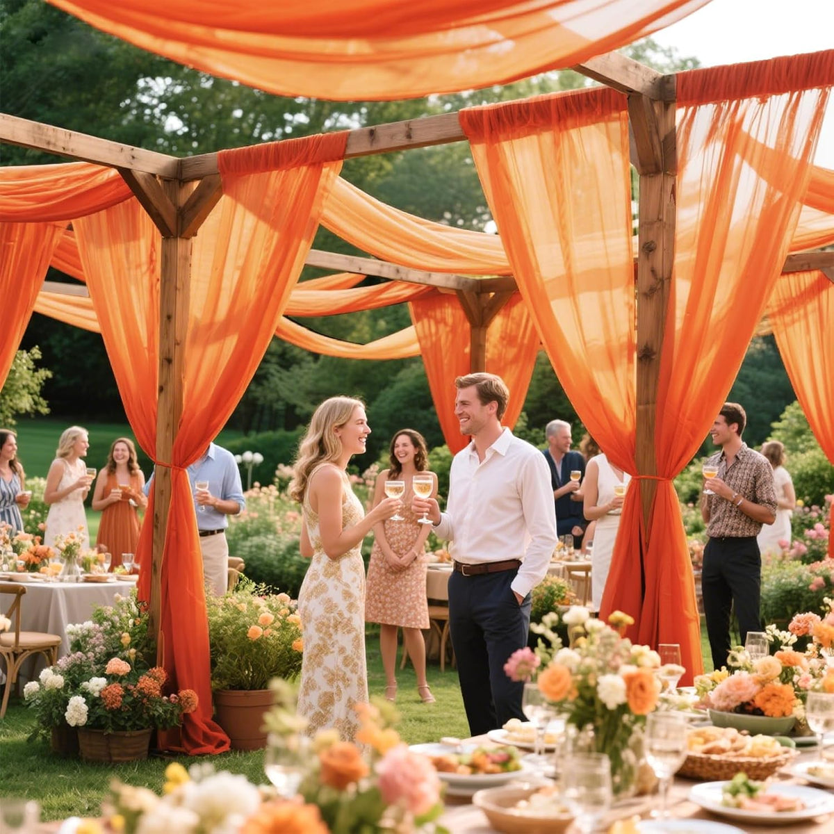 VOK Orange Wedding Arch Draping Fabric Chiffon Fabric, 29in x 18Ft 2 Panels Sheer Chiffon Outdoor