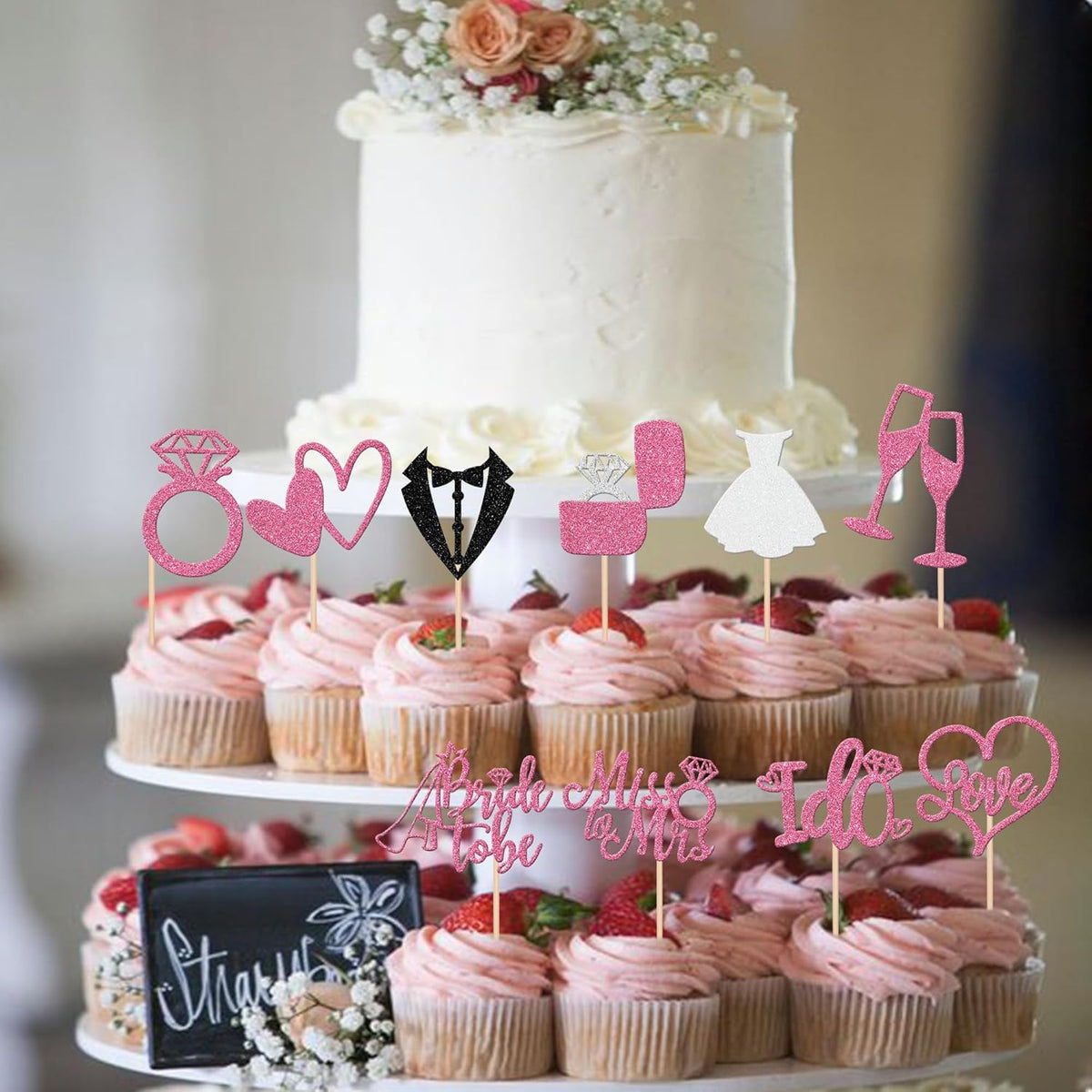 30 PCS Bride to Be Cupcake Toppers Glitter Miss to Mrs I Do Love Heart Ring Cupcake Picks Wedding