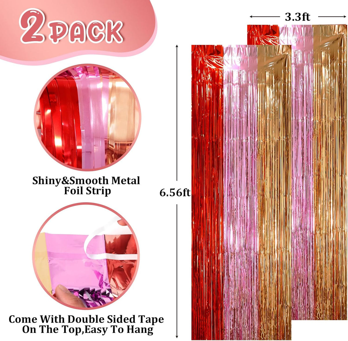 2 Pack Valentine Foil Fringe Backdrop Curtains, Tinsel Streamers Party Decorations, Fringe