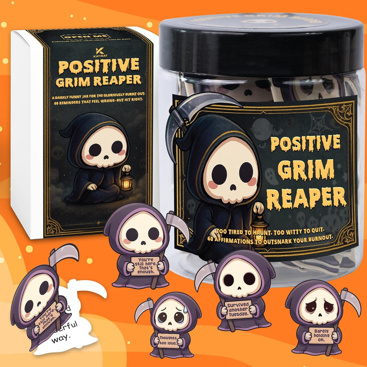Emotional Support Grim Reaper – Positive Grim Reaper Jar, Dark Humor Spooky Gifts, Halloween Basket