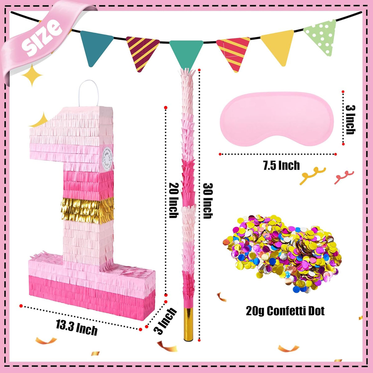 PCFING 20 Inch Number 1 Piñata Pink Gold with 30 Inch Piñata Stick Blindfold Confetti for Boys