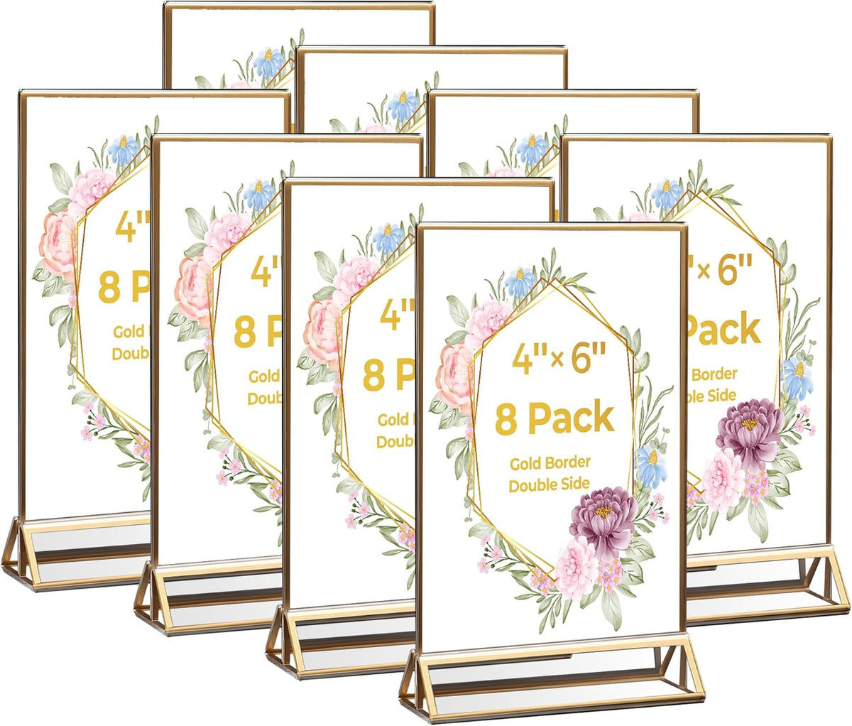 8 Pack Acrylic Sign Holder 4x6 Gold Frames, Wedding Table Number Holders Double Sided Vertical