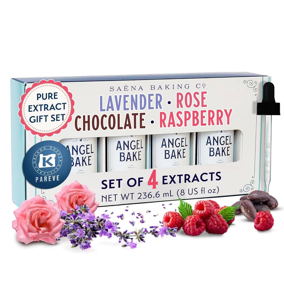 Pure Chocolate, Oregon Raspberry, Bulgarian Rose & Lavender Extract Set – Gift for Bakers & Home