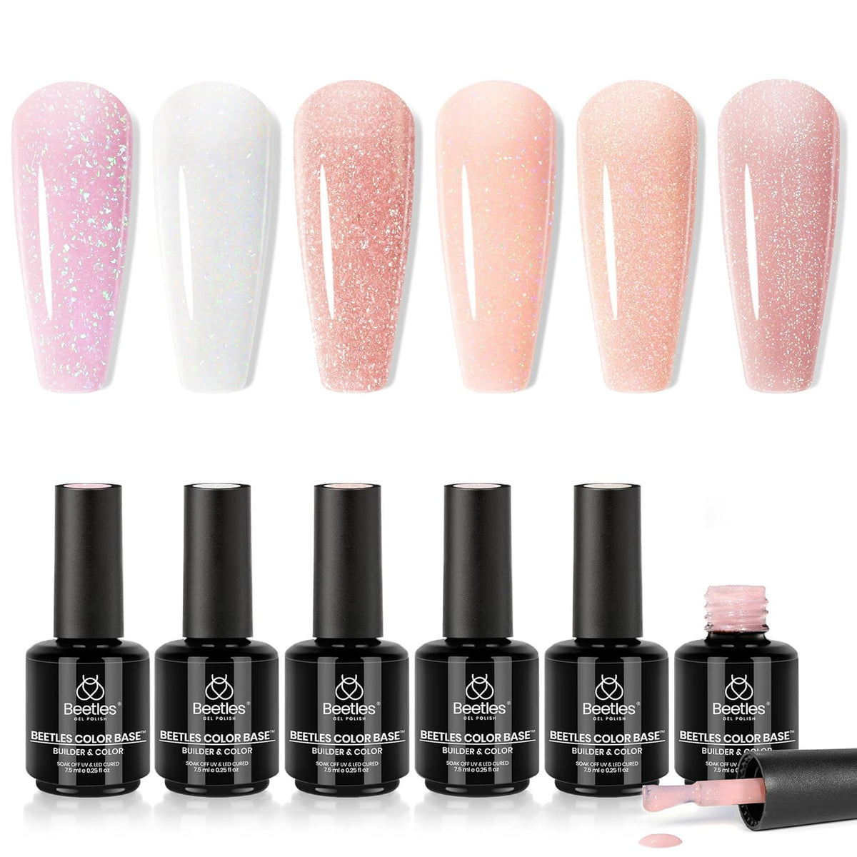 Beetles Rubber Base Color Gel Nail Polish Set 6 Colors Glitter Nude Pink Color Base 5 in 1 White