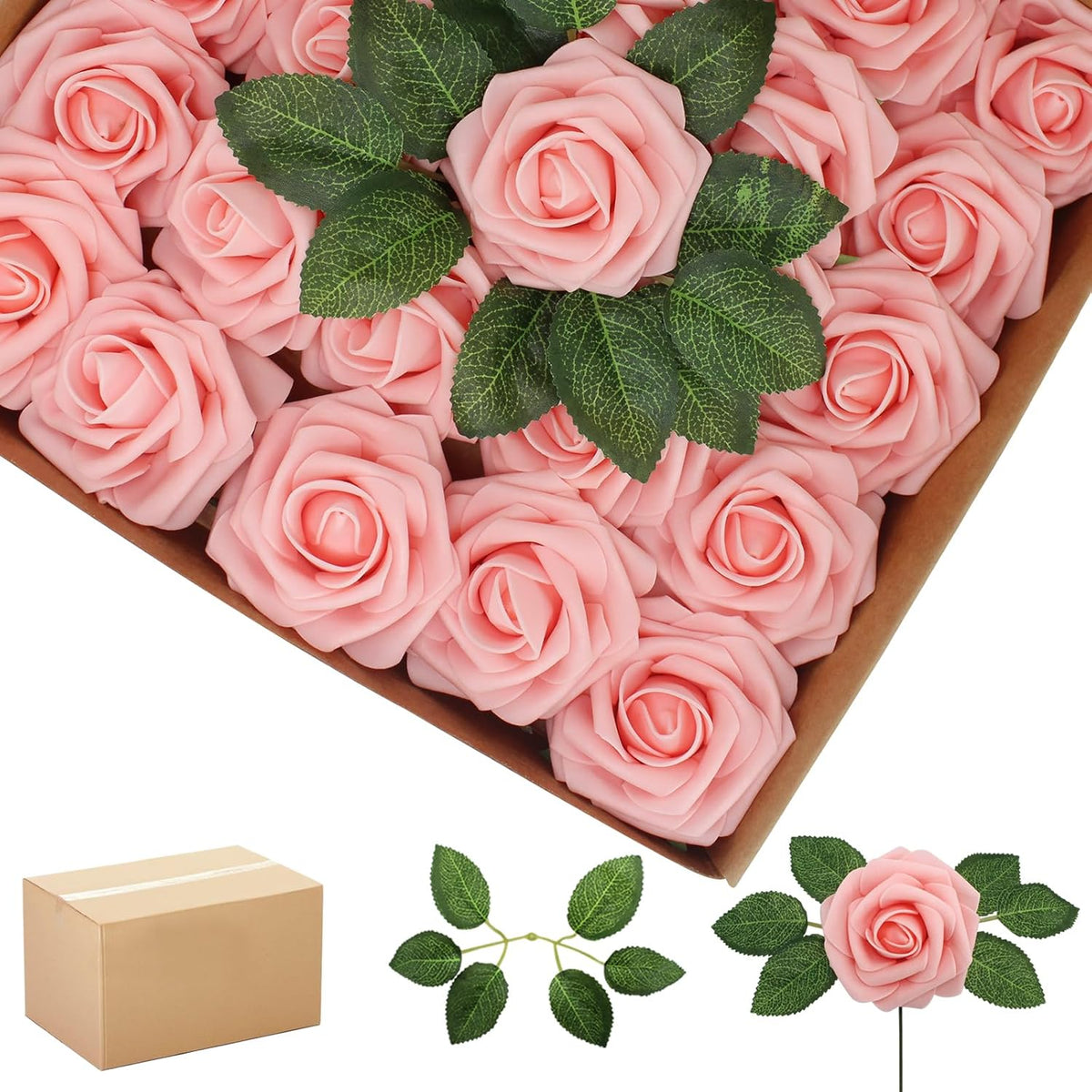 200PCS Artificial Flowers Pink Roses Real Looking Foam Fake Roses with Leaves for DIY Wedding