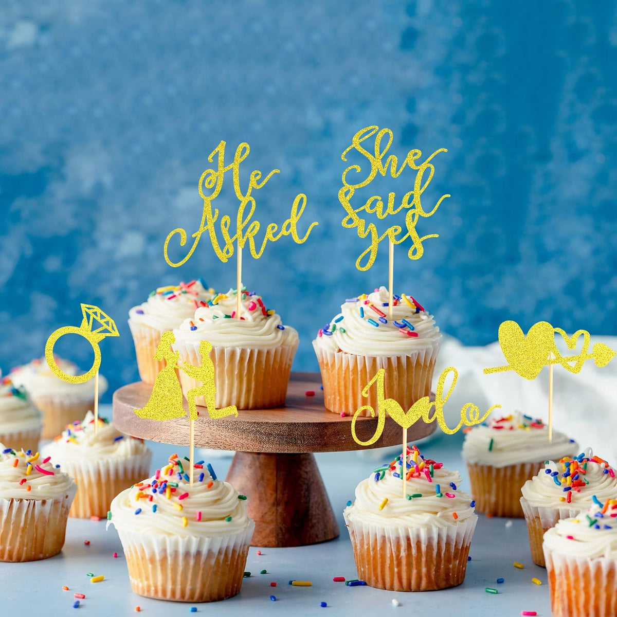 24Pcs He Asked She Said Yes Cupcake Toppers Diamond Ring Heart I Do Cake Picks for Wedding