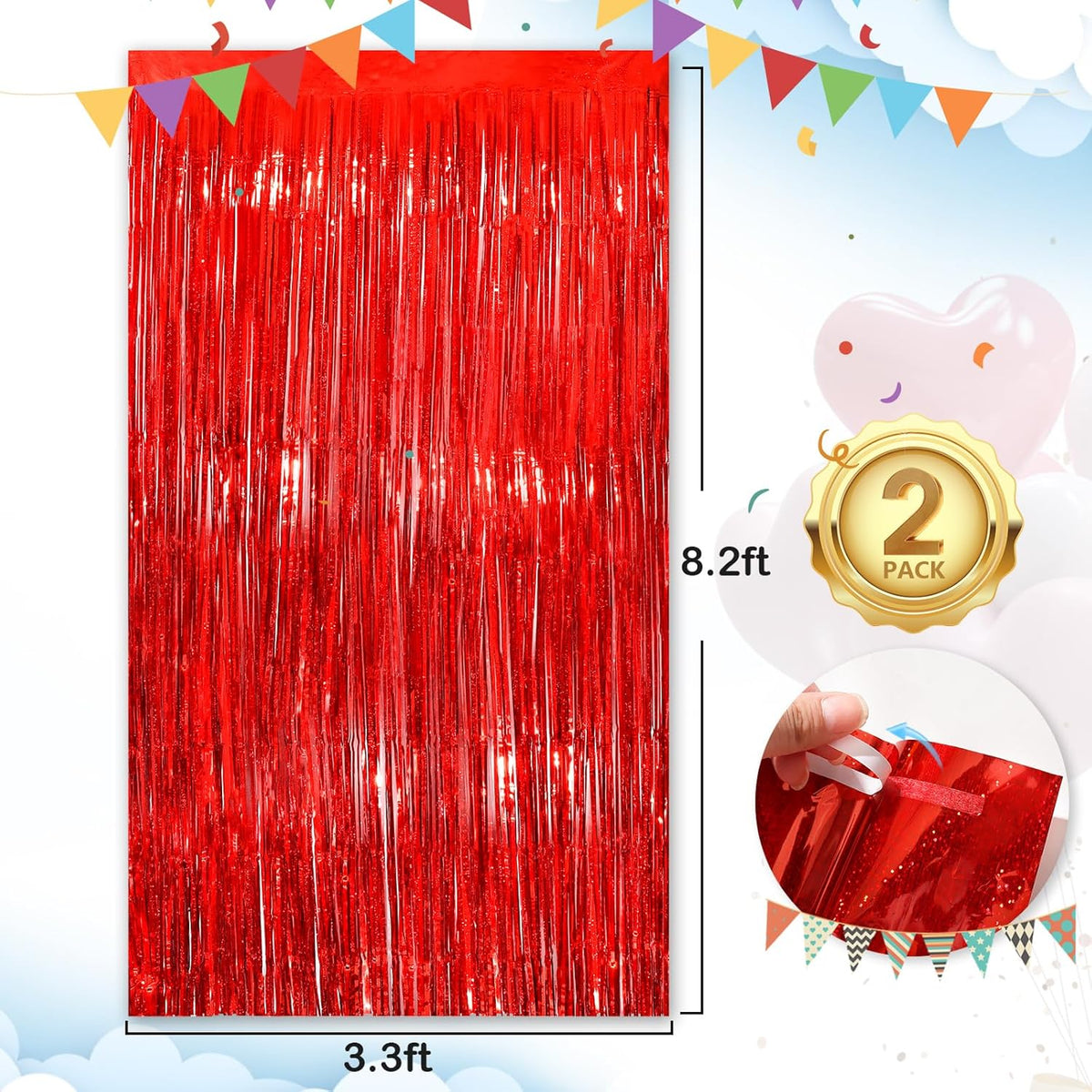 Red Streamers Foil Fringe Curtain 3.3 x 8.3ft Party Streamers 2Pack Metallic Streamer Curtains