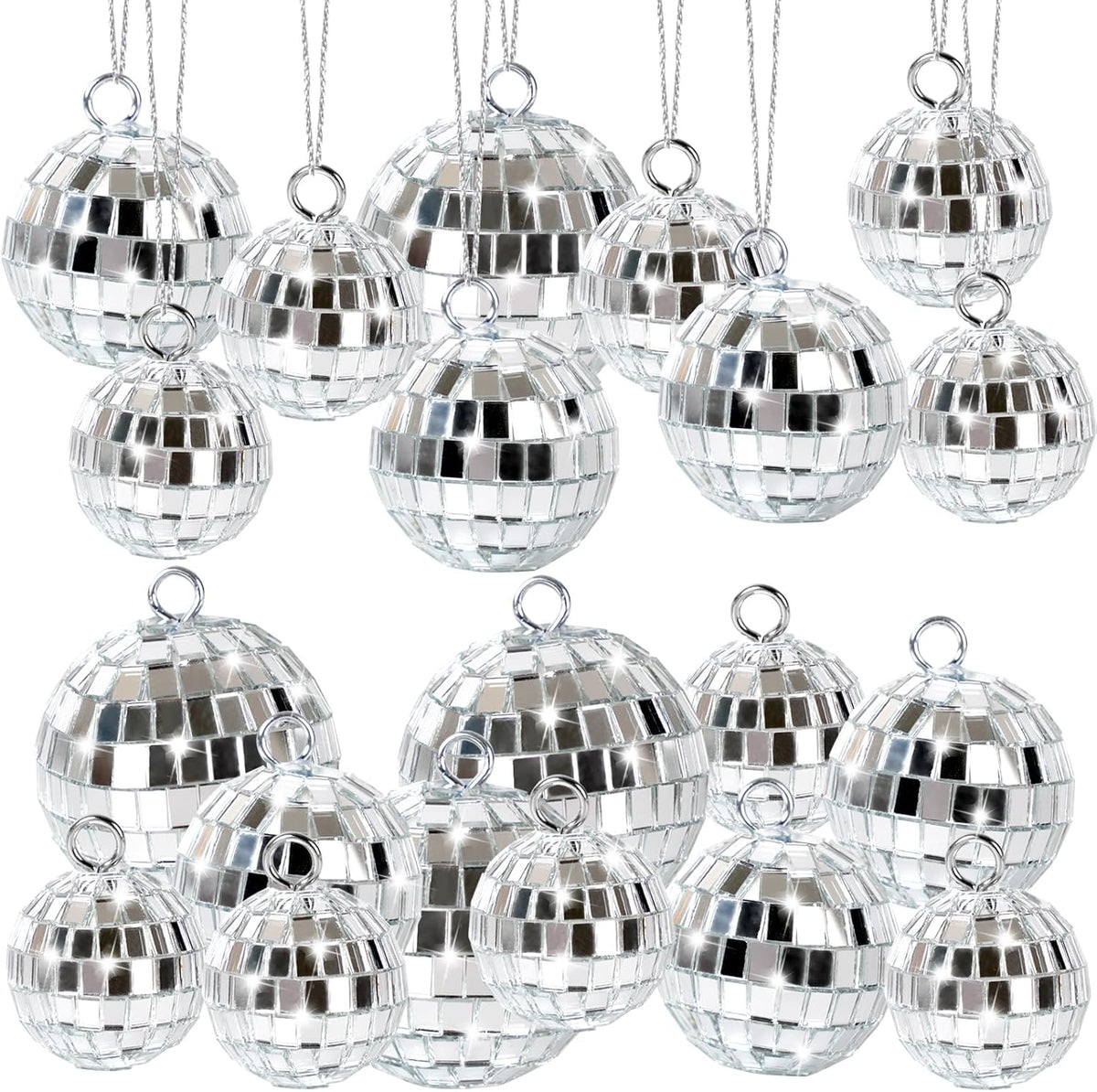 20 Pcs Mirror Disco Ball Hanging Ornaments Silver Glass Decor 70s Disco Party Decorations Ornament