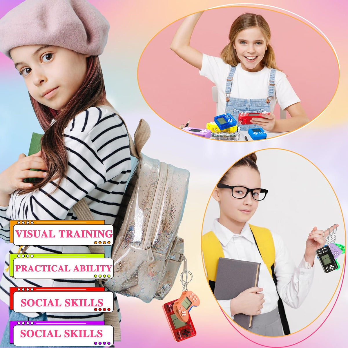 36 Pack Video Game Keychain Mini Square Handheld Video Game Key Chain for Kids Birthday Video Game