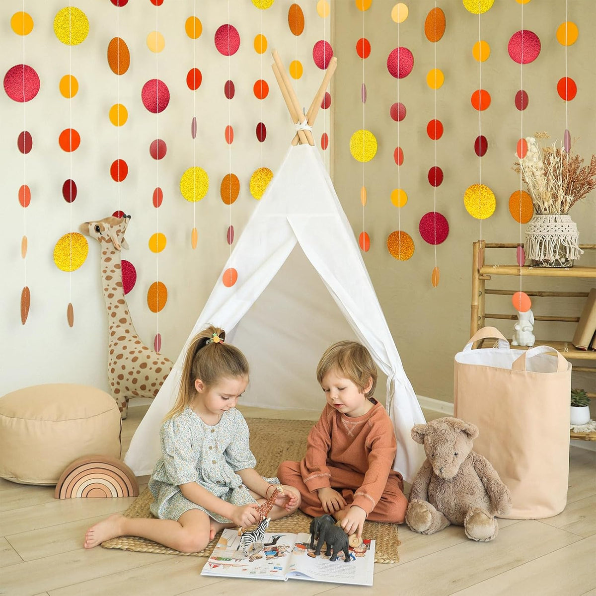 8 Pack Orange Red Glitter Dot Garland, Hanging Circle Streamers Banner, Backdrop Hanging