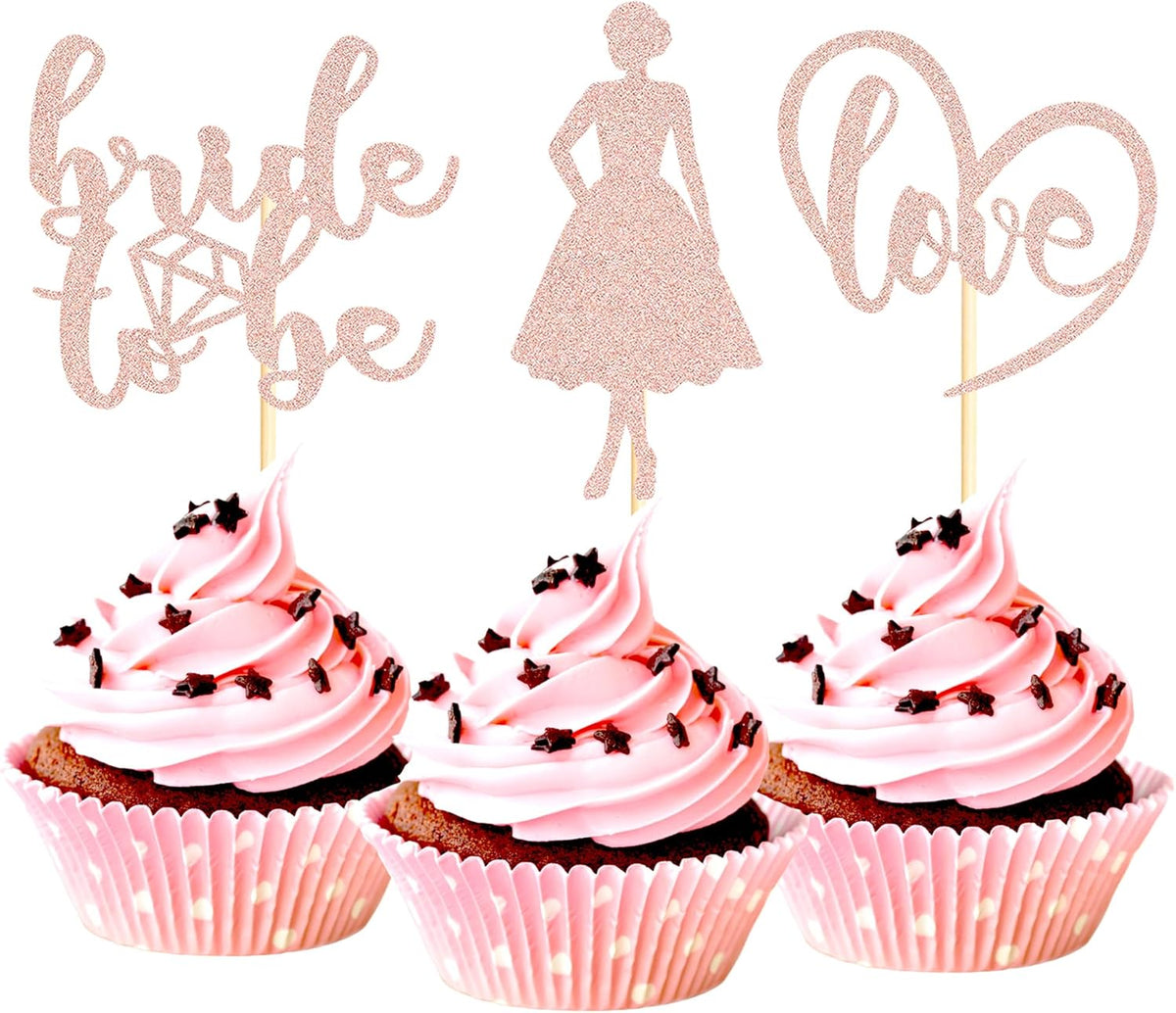 Sotpot 24PCS Bride to Be Cupcake Toppers with Heart Rose Gold Glitter Dress Bridal Shower Cupcake
