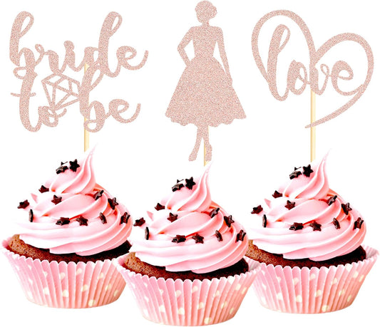Sotpot 24PCS Bride to Be Cupcake Toppers with Heart Rose Gold Glitter Dress Bridal Shower Cupcake