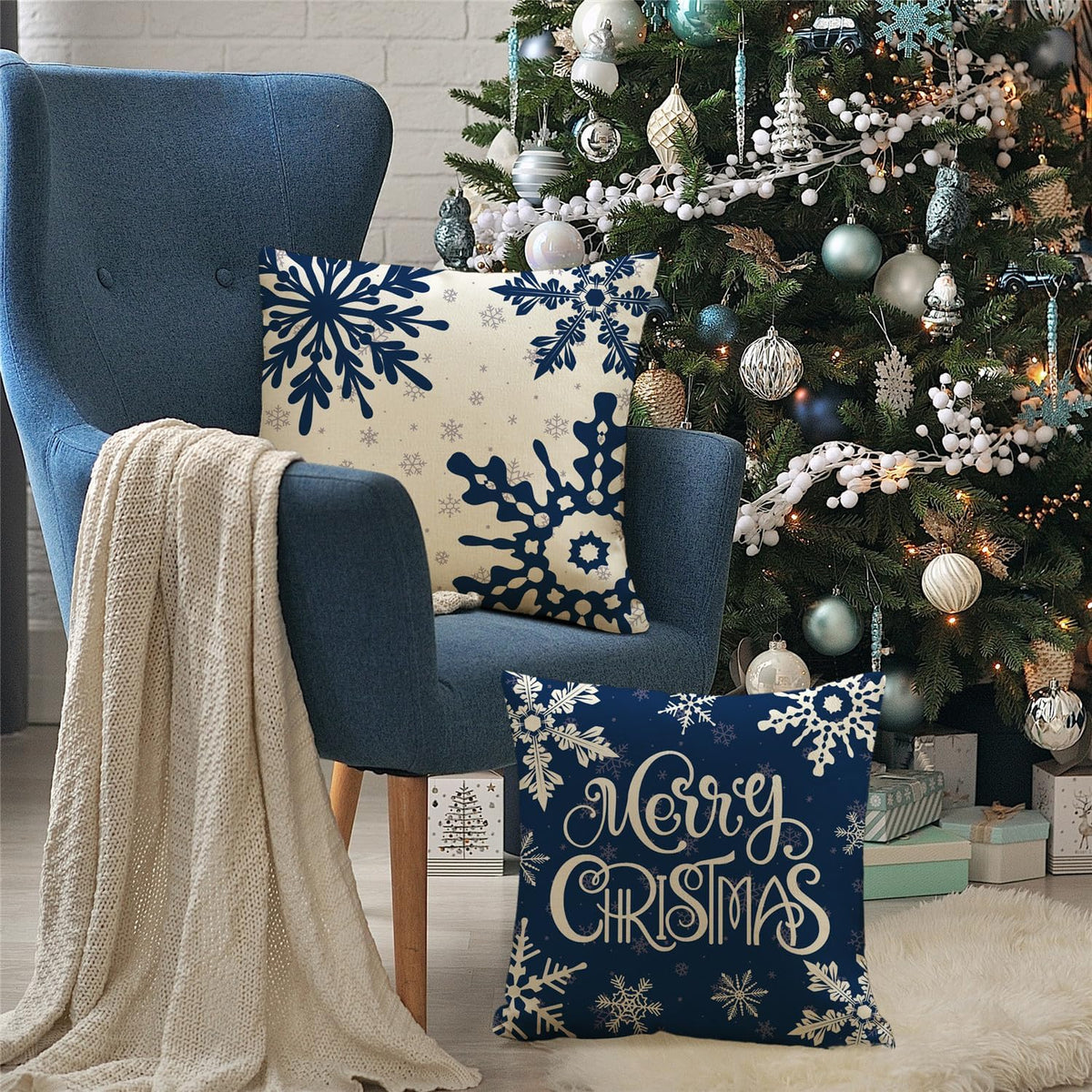 Christmas Pillow Covers 18x18 Blue Christmas Decorations Snowflake Reindeer Throw Pillow Covers
