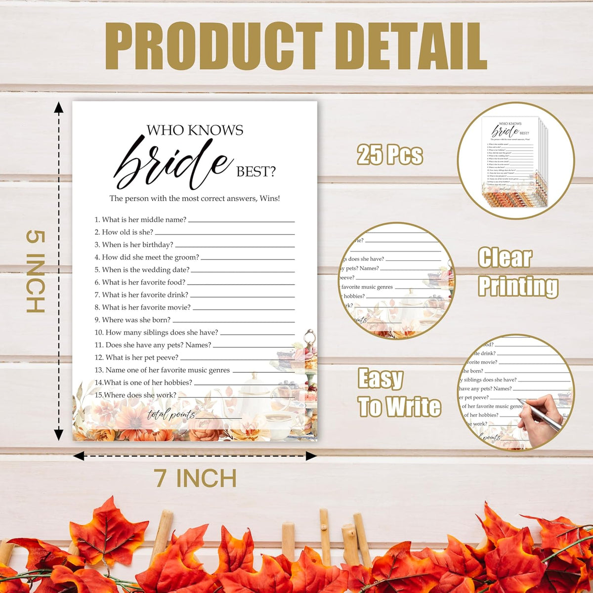 Fall Bridal Shower Games Cards, Who Knows Bride Best Wedding Bachelorette Party Games, Fall in Love