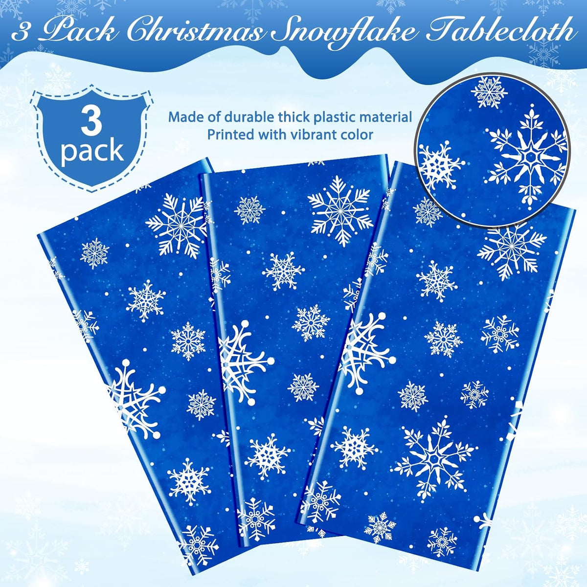 Jectivs 3 Pieces Christmas Snowflake Plastic Party Tablecloth Decorations,White Snowflake Blue Xmas