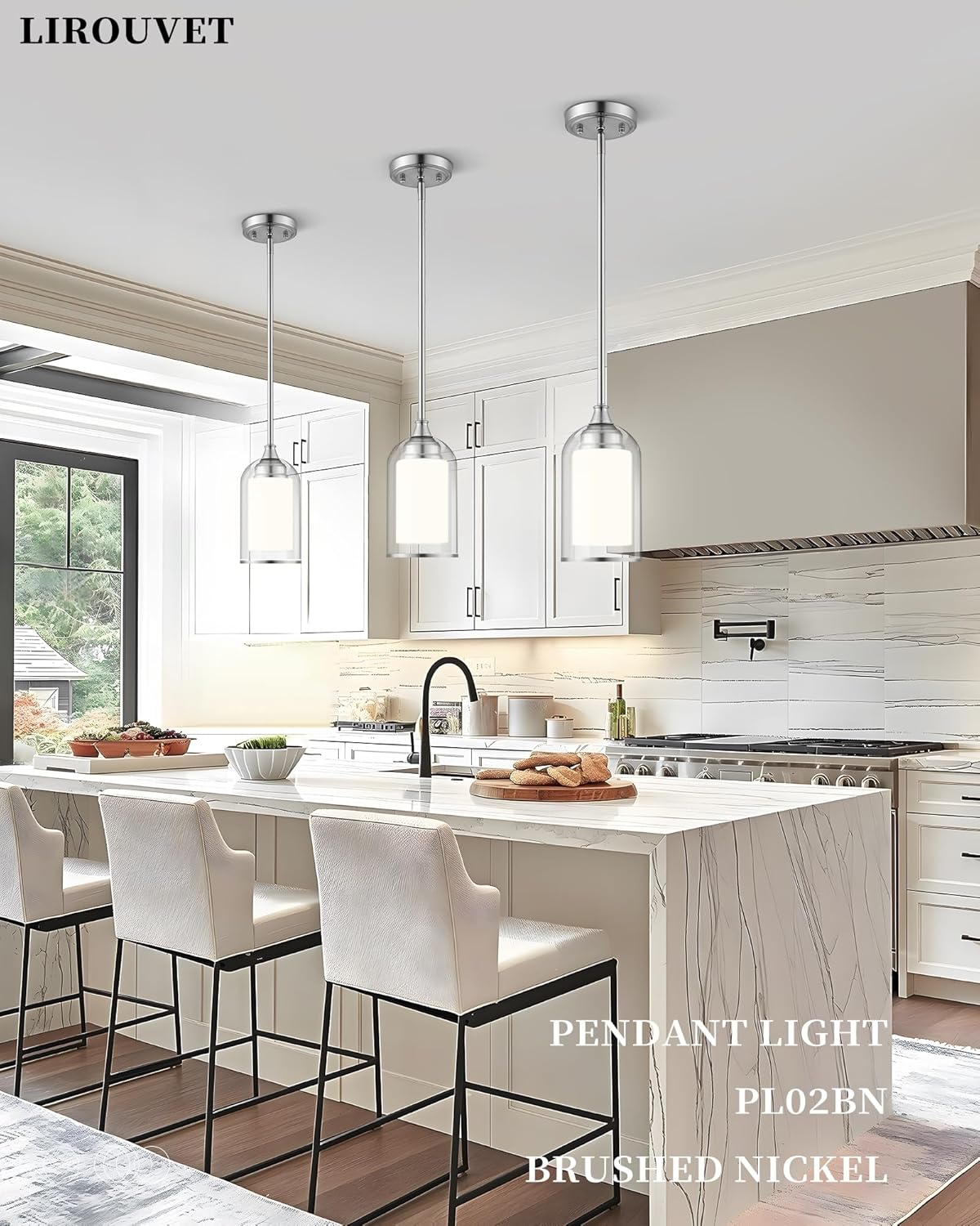 LIROUVET 2 Pack Pendant Light Fixtures, Modern Dual Glass Pendant Lights, Brushed Nickel Hanging