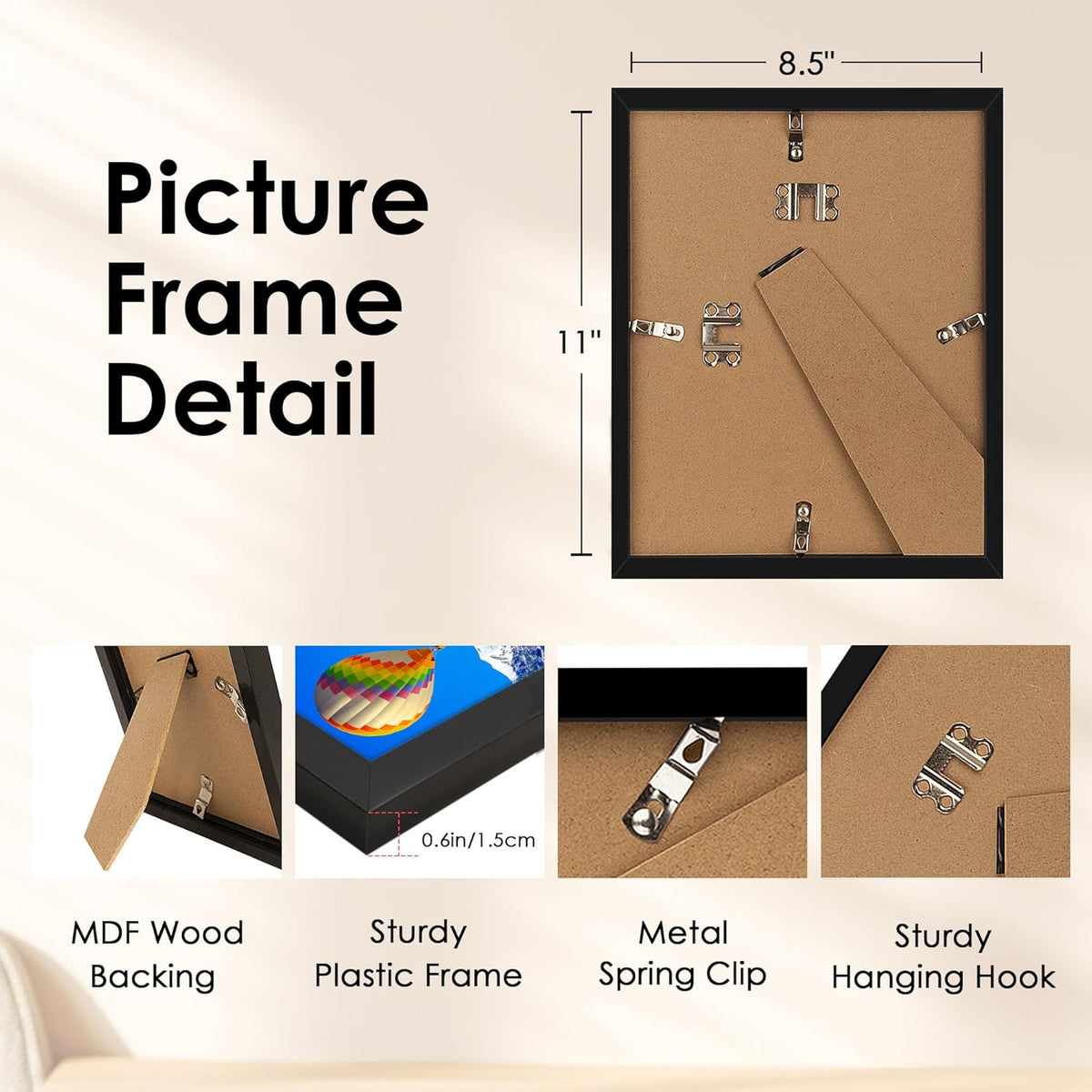 FIXSMITH 8.5x11 Picture Frame, Black Photo Frame with HD Plexiglass, Display Pictures 6x8 with Mat
