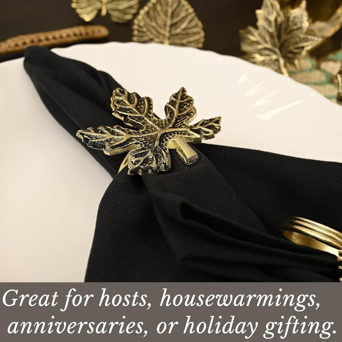 6-Piece Metal Napkin Rings - Antique Gold Harvest Leaf Napkin Rings - Decorative Table Accents for