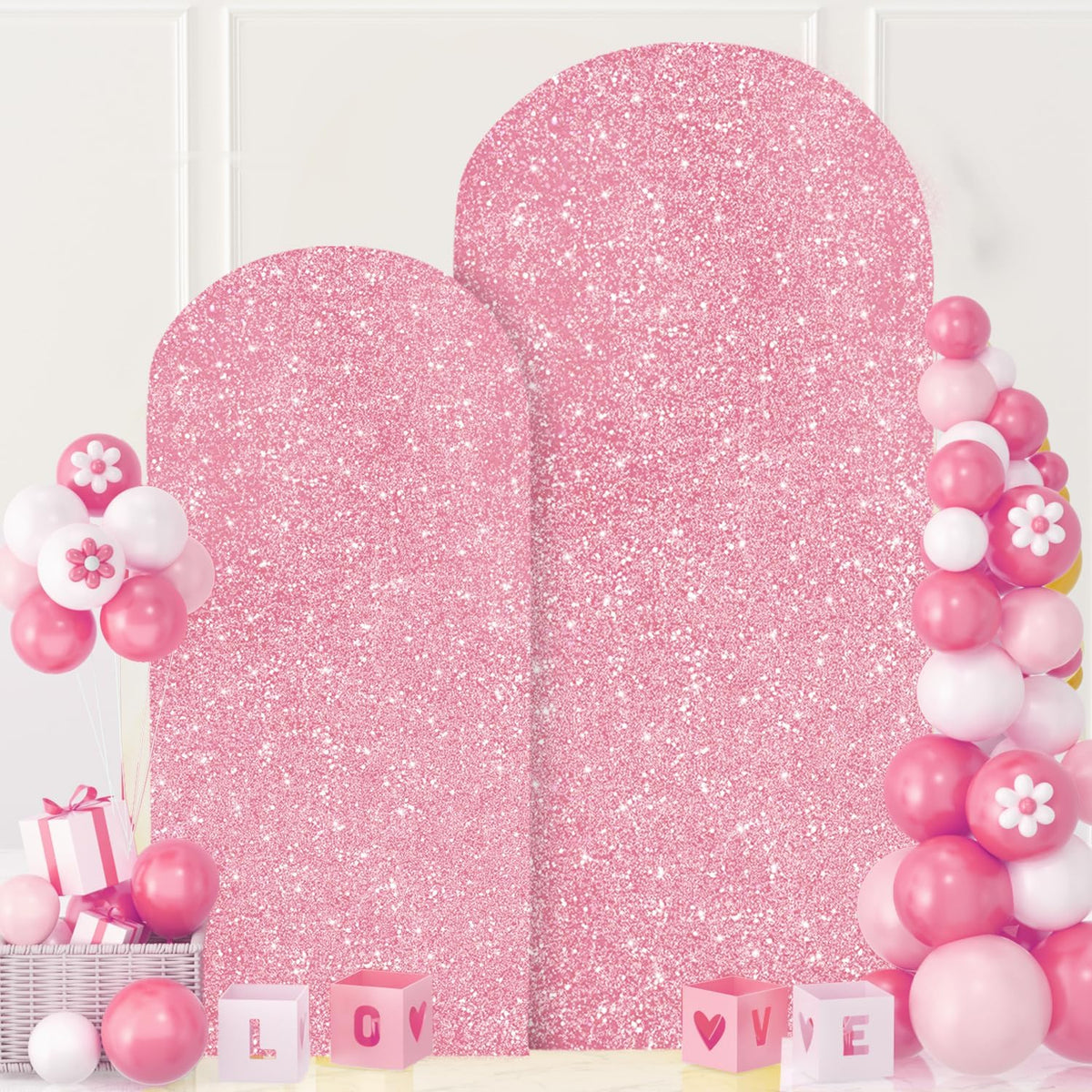 MODFUNS Arch Backdrop Stand and Cover 6&7.2ft Pink Gold Sequins Arch Cover Set of 2 Metal Arch
