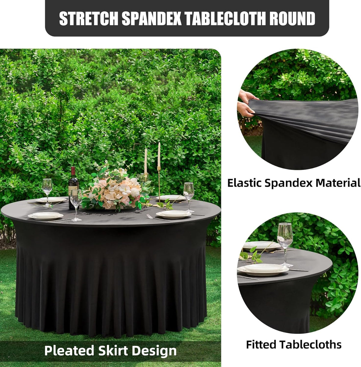 8 Pack Black Round Spandex Tablecloth 60 Inch, Wrinkle Free Stretch 120 Inch Fitted 5ft Black Table