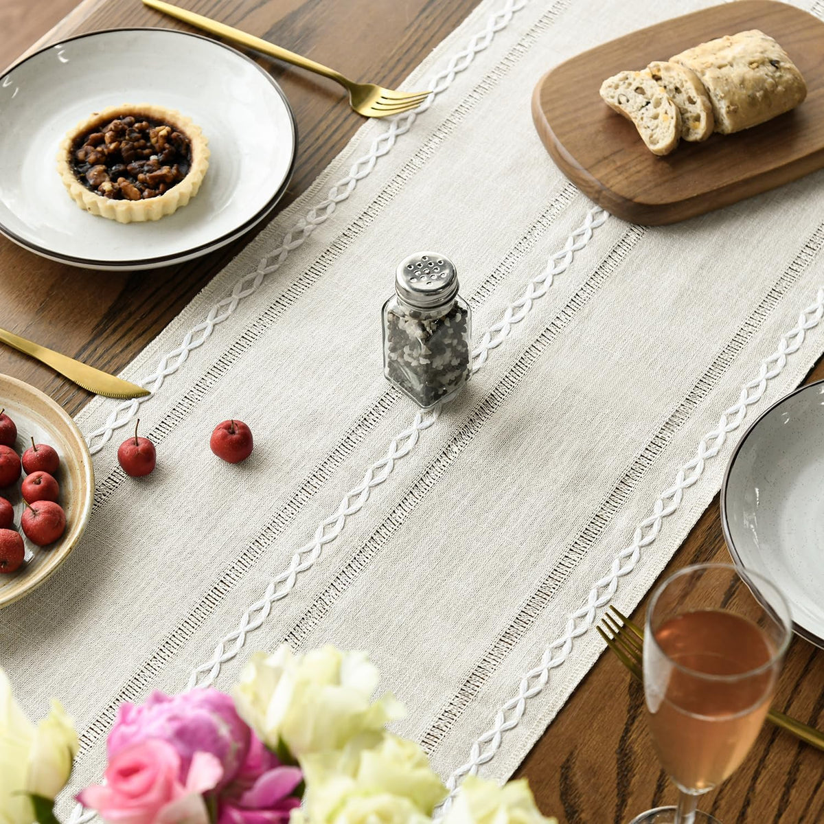 Artoid Mode Beige Rustic Cotton Linen Table Runner, Seasonal Embroidered Hollow Kitchen Dining
