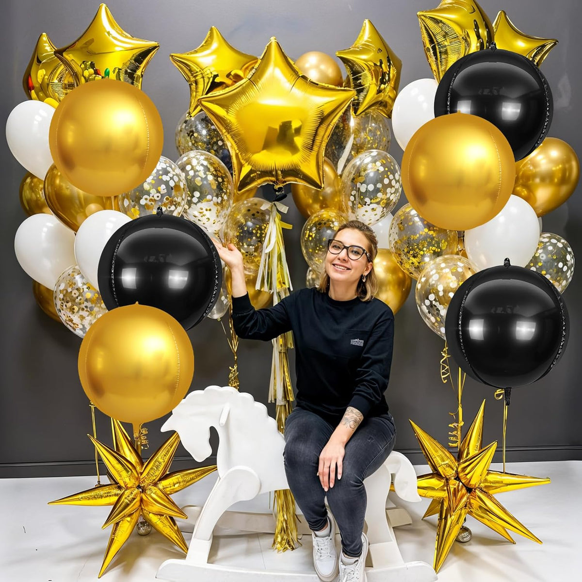 6Pcs Black Gold Round Foil Balloons,Giant 4D Round Ball Balloons,22 Inch Metallic Black Gold